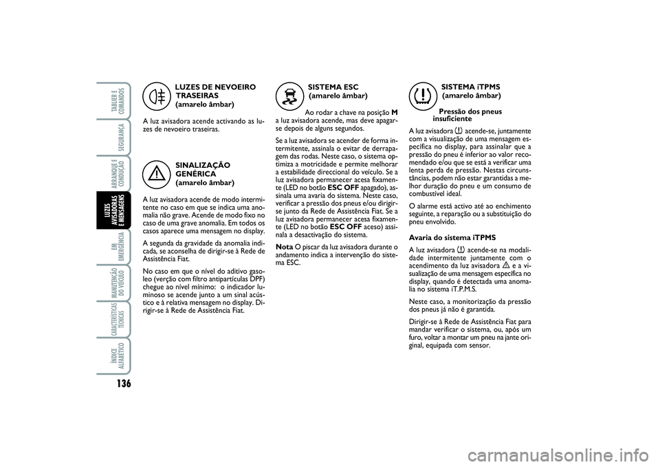 FIAT SCUDO 2015 Manual de Uso e Manutenção (in Portuguese) 136EM
EMERGÊNCIAMANUTENÇÃO
DO VEÍCULOCARACTERÍSTICAS
TÉCNICASÍNDICE
ALFABÉTICOTABLIER E
COMANDOSSEGURANÇAARRANQUE E
CONDUÇÃOLUZES
AVISADORAS
E MENSAGENS
LUZES DE NEVOEIRO
TRASEIRAS
(amare FIAT SCUDO 2015 Manual de Uso e Manutenção (in Portuguese) 136EM
EMERGÊNCIAMANUTENÇÃO
DO VEÍCULOCARACTERÍSTICAS
TÉCNICASÍNDICE
ALFABÉTICOTABLIER E
COMANDOSSEGURANÇAARRANQUE E
CONDUÇÃOLUZES
AVISADORAS
E MENSAGENS
LUZES DE NEVOEIRO
TRASEIRAS
(amare