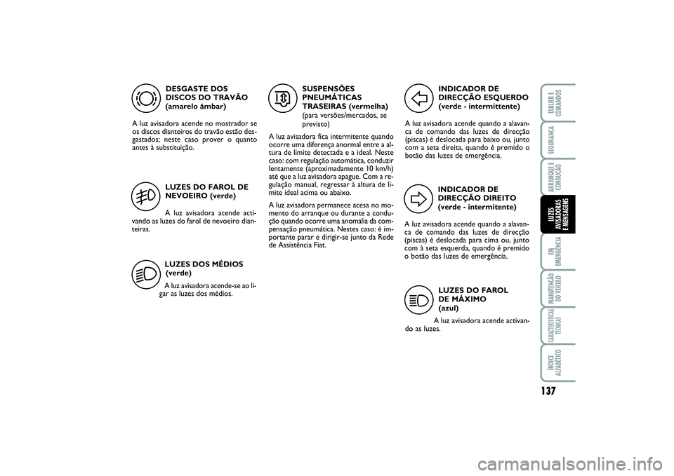 FIAT SCUDO 2015  Manual de Uso e Manutenção (in Portuguese) 137
EM
EMERGÊNCIAMANUTENÇÃO
DO VEÍCULOCARACTERÍSTICAS
TÉCNICASÍNDICE
ALFABÉTICOTABLIER E
COMANDOSSEGURANÇAARRANQUE E
CONDUÇÃOLUZES
AVISADORAS 
E MENSAGENS
DESGASTE DOS 
DISCOS DO TRAVÃO
(a