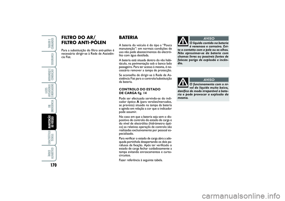 FIAT SCUDO 2015  Manual de Uso e Manutenção (in Portuguese) 170LUZES
AVISADORAS 
E MENSAGENSCARACTERÍSTICAS
TÉCNICASÍNDICE
ALFABÉTICOTABLIER E
COMANDOSSEGURANÇAARRANQUE E
CONDUÇÃOEM
EMERGÊNCIAMANUTENÇÃO 
DO VEÍCULO
BATERIAA bateria do veículo é do