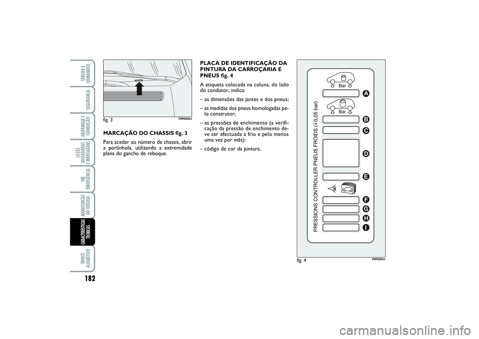 FIAT SCUDO 2015 Manual de Uso e Manutenção (in Portuguese) PLACA DE IDENTIFICAÇÃO DA
PINTURA DA CARROÇARIA E
PNEUS fig. 4
A etiqueta colocada na coluna, do lado
do condutor, indica:
– as dimensões das jantes e dos pneus;
– as medidas dos pneus homolo FIAT SCUDO 2015 Manual de Uso e Manutenção (in Portuguese) PLACA DE IDENTIFICAÇÃO DA
PINTURA DA CARROÇARIA E
PNEUS fig. 4
A etiqueta colocada na coluna, do lado
do condutor, indica:
– as dimensões das jantes e dos pneus;
– as medidas dos pneus homolo