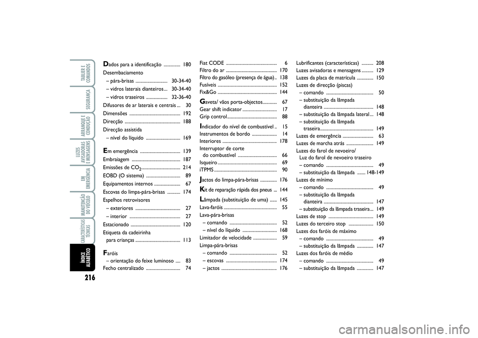FIAT SCUDO 2016 Manual de Uso e Manutenção (in Portuguese) 216LUZES
AVISADORAS
E MENSAGENSTABLIER E
COMANDOSSEGURANÇAARRANQUE E
CONDUÇÃOEM
EMERGÊNCIAMANUTENÇÃO
DO VEÍCULOCARACTERÍSTICAS
TÉCNICASÍNDICE
ALFABÉTICO
Fiat CODE .......................... FIAT SCUDO 2016 Manual de Uso e Manutenção (in Portuguese) 216LUZES
AVISADORAS
E MENSAGENSTABLIER E
COMANDOSSEGURANÇAARRANQUE E
CONDUÇÃOEM
EMERGÊNCIAMANUTENÇÃO
DO VEÍCULOCARACTERÍSTICAS
TÉCNICASÍNDICE
ALFABÉTICO
Fiat CODE ..........................