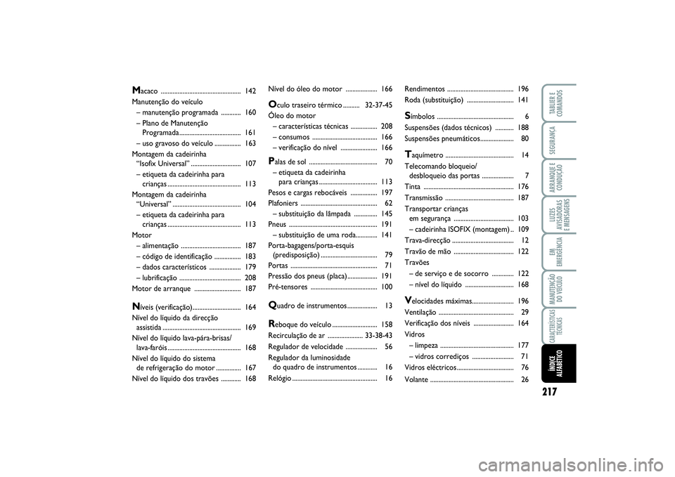 FIAT SCUDO 2016 Manual de Uso e Manutenção (in Portuguese) 217
LUZES
AVISADORAS
E MENSAGENSTABLIER E
COMANDOSSEGURANÇAARRANQUE E
CONDUÇÃOEM
EMERGÊNCIAMANUTENÇÃO
DO VEÍCULOCARACTERÍSTICAS
TÉCNICASÍNDICE
ALFABÉTICO
Nível do óleo do motor ......... FIAT SCUDO 2016 Manual de Uso e Manutenção (in Portuguese) 217
LUZES
AVISADORAS
E MENSAGENSTABLIER E
COMANDOSSEGURANÇAARRANQUE E
CONDUÇÃOEM
EMERGÊNCIAMANUTENÇÃO
DO VEÍCULOCARACTERÍSTICAS
TÉCNICASÍNDICE
ALFABÉTICO
Nível do óleo do motor .........
