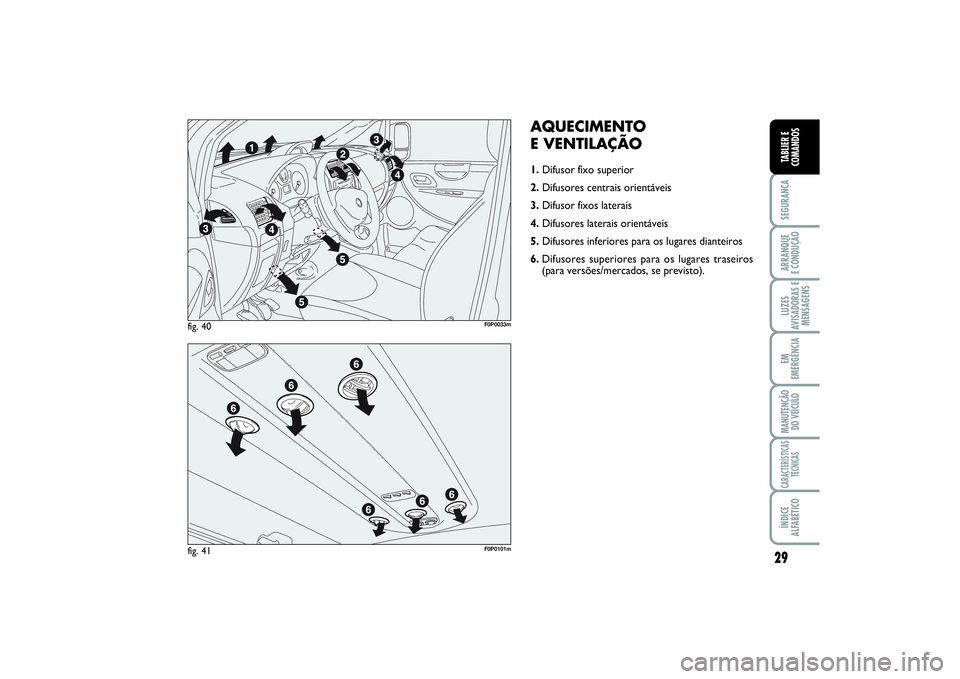 FIAT SCUDO 2016  Manual de Uso e Manutenção (in Portuguese) 29
SEGURANÇAARRANQUE 
E CONDUÇÃOLUZES
AVISADORAS E
MENSAGENSEM
EMERGÊNCIAMANUTENÇÃO
DO VEÍCULOCARACTERÍSTICAS
TÉCNICASÍNDICE
ALFABÉTICOTABLIER E
COMANDOS
AQUECIMENTO 
E VENTILAÇÃO1.Difuso