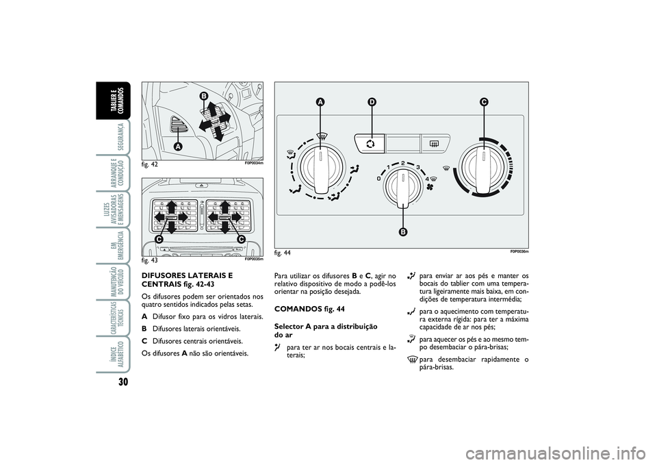 FIAT SCUDO 2016  Manual de Uso e Manutenção (in Portuguese) 30SEGURANÇAARRANQUE E
CONDUÇÃOLUZES
AVISADORAS 
E MENSAGENSEM
EMERGÊNCIAMANUTENÇÃO
DO VEÍCULOCARACTERÍSTICAS
TÉCNICASÍNDICE
ALFABÉTICOTABLIER E
COMANDOS
Para utilizar os difusores Be C, agi