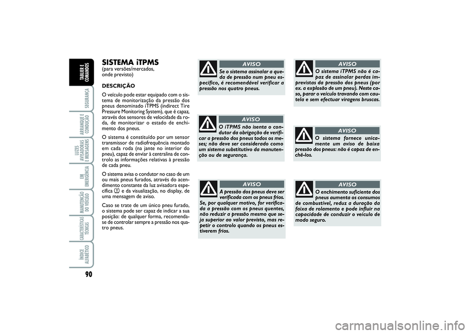 FIAT SCUDO 2016 Manual de Uso e Manutenção (in Portuguese) 90SEGURANÇAARRANQUE E
CONDUÇÃOLUZES
AVISADORAS
E MENSAGENSEM
EMERGÊNCIAMANUTENÇÃO
DO VEÍCULOCARACTERÍSTICAS
TÉCNICASÍNDICE
ALFABÉTICOTABLIER E
COMANDOS
SISTEMA iTPMS(para versões/mercados FIAT SCUDO 2016 Manual de Uso e Manutenção (in Portuguese) 90SEGURANÇAARRANQUE E
CONDUÇÃOLUZES
AVISADORAS
E MENSAGENSEM
EMERGÊNCIAMANUTENÇÃO
DO VEÍCULOCARACTERÍSTICAS
TÉCNICASÍNDICE
ALFABÉTICOTABLIER E
COMANDOS
SISTEMA iTPMS(para versões/mercados