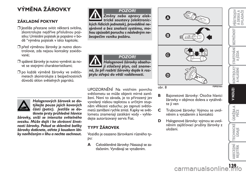 FIAT SCUDO 2011  Návod k použití a údržbě (in Czech) VÝMĚNA ŽÁROVKY
ZÁKLADNÍ POKYNY
❒Jestliže přestane svítit některá svítilna,
zkontrolujte nejdříve příslušnou poji-
stku: Umístění pojistek je popsáno v bo-
dě “výměna pojist