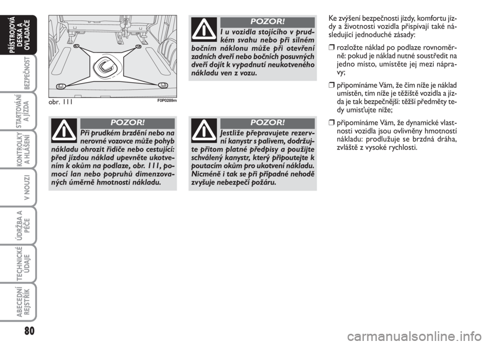 FIAT SCUDO 2011  Návod k použití a údržbě (in Czech) 80
BEZPEČNOST
STARTOVÁNÍ
A JÍZDA
KONTROLKY
A HLÁŠENÍ
V NOUZI
ÚDRŽBA A
PÉČE
TECHNICKÉ
ÚDAJE
ABECEDNÍ
REJSTŘÍK
PŘÍSTROJOVÁ
DESKA A
OVLADAČE
obr. 111F0P0289m
Při prudkém brzdění n