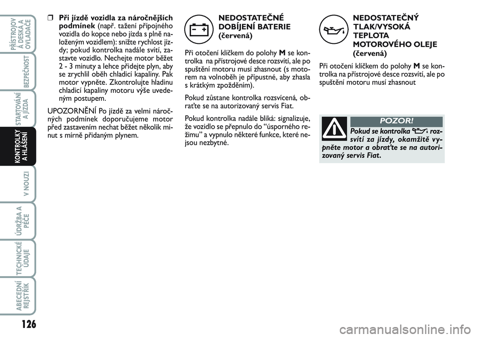 FIAT SCUDO 2012  Návod k použití a údržbě (in Czech) NEDOSTATEČNÝ
TLAK/VYSOKÁ
TEPLOTA
MOTOROVÉHO OLEJE
(červená)
Při otočení klíčkem do polohy Mse kon-
trolka na přístrojové desce rozsvítí, ale po
spuštění motoru musí zhasnout
v
Poku
