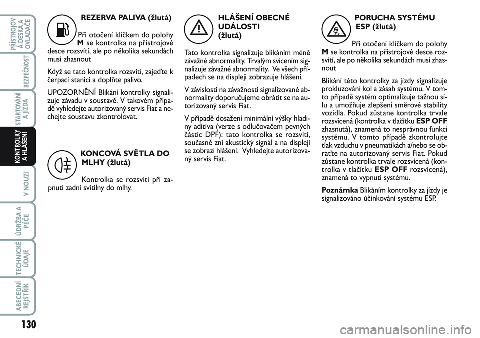 FIAT SCUDO 2012  Návod k použití a údržbě (in Czech) REZERVA PALIVA (žlutá)
Při otočení klíčkem do polohy
Mse kontrolka na přístrojové
desce rozsvítí, ale po několika sekundách
musí zhasnout 
Když se tato kontrolka rozsvítí, zajeďte k