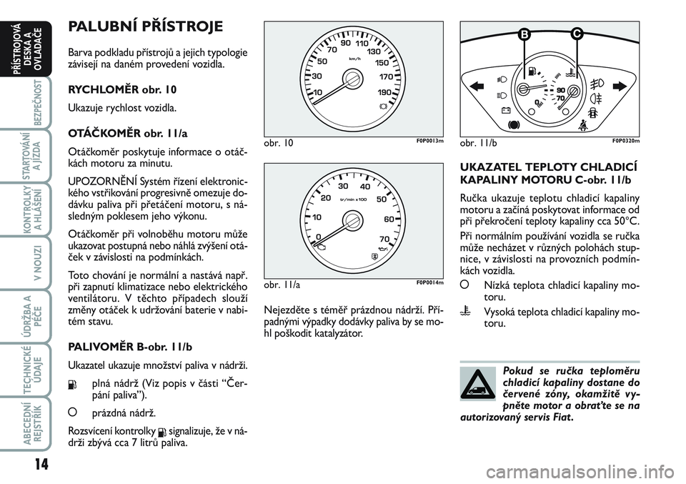 FIAT SCUDO 2012 Návod k použití a údržbě (in Czech) PALUBNÍ PŘÍSTROJE
Barva podkladu přístrojů a jejich typologie
závisejí na daném provedení vozidla.
RYCHLOMĚR obr. 10
Ukazuje rychlost vozidla.
OTÁČKOMĚR obr. 11/a
Otáčkoměr poskytuje FIAT SCUDO 2012 Návod k použití a údržbě (in Czech) PALUBNÍ PŘÍSTROJE
Barva podkladu přístrojů a jejich typologie
závisejí na daném provedení vozidla.
RYCHLOMĚR obr. 10
Ukazuje rychlost vozidla.
OTÁČKOMĚR obr. 11/a
Otáčkoměr poskytuje