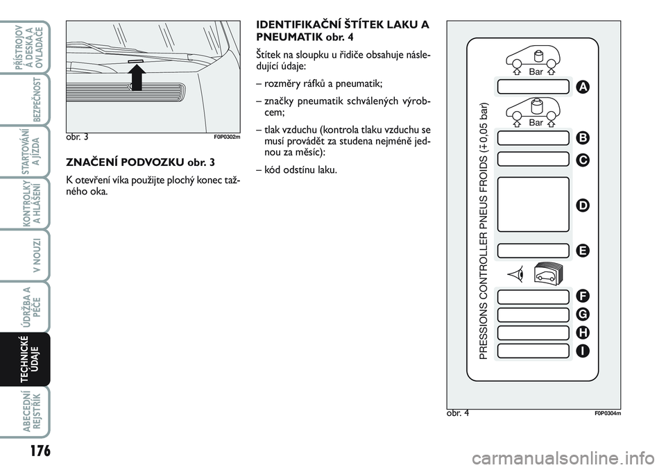 FIAT SCUDO 2012 Návod k použití a údržbě (in Czech) IDENTIFIKAČNÍ ŠTÍTEK LAKU A
PNEUMATIK obr. 4
Štítek na sloupku u řidiče obsahuje násle-
dující údaje:
– rozměry ráfků a pneumatik;
– značky pneumatik schválených výrob-
cem;
– FIAT SCUDO 2012 Návod k použití a údržbě (in Czech) IDENTIFIKAČNÍ ŠTÍTEK LAKU A
PNEUMATIK obr. 4
Štítek na sloupku u řidiče obsahuje násle-
dující údaje:
– rozměry ráfků a pneumatik;
– značky pneumatik schválených výrob-
cem;
–