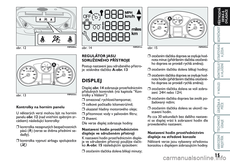 FIAT SCUDO 2012  Návod k použití a údržbě (in Czech) Kontrolky na horním panelu
U některých verzí mohou být na horním
panelu obr. 12(nad vnitřním zpětným zr-
cátkem) následující kontrolky:
❒kontrolka nezapnutých bezpečnostních
pásů 
