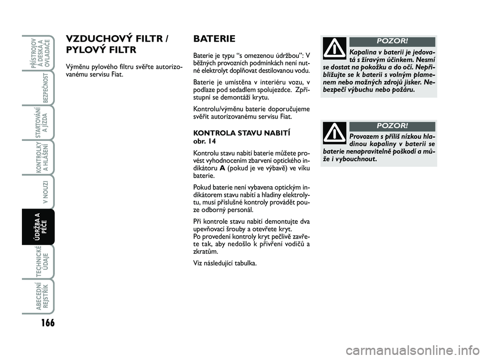 FIAT SCUDO 2013 Návod k použití a údržbě (in Czech) BATERIE
Baterie je typu “s omezenou údržbou”: V
běžných provozních podmínkách není nut-
né elektrolyt doplňovat destilovanou vodu.
Baterie je umístěna v interiéru vozu, v
podlaze pod FIAT SCUDO 2013 Návod k použití a údržbě (in Czech) BATERIE
Baterie je typu “s omezenou údržbou”: V
běžných provozních podmínkách není nut-
né elektrolyt doplňovat destilovanou vodu.
Baterie je umístěna v interiéru vozu, v
podlaze pod