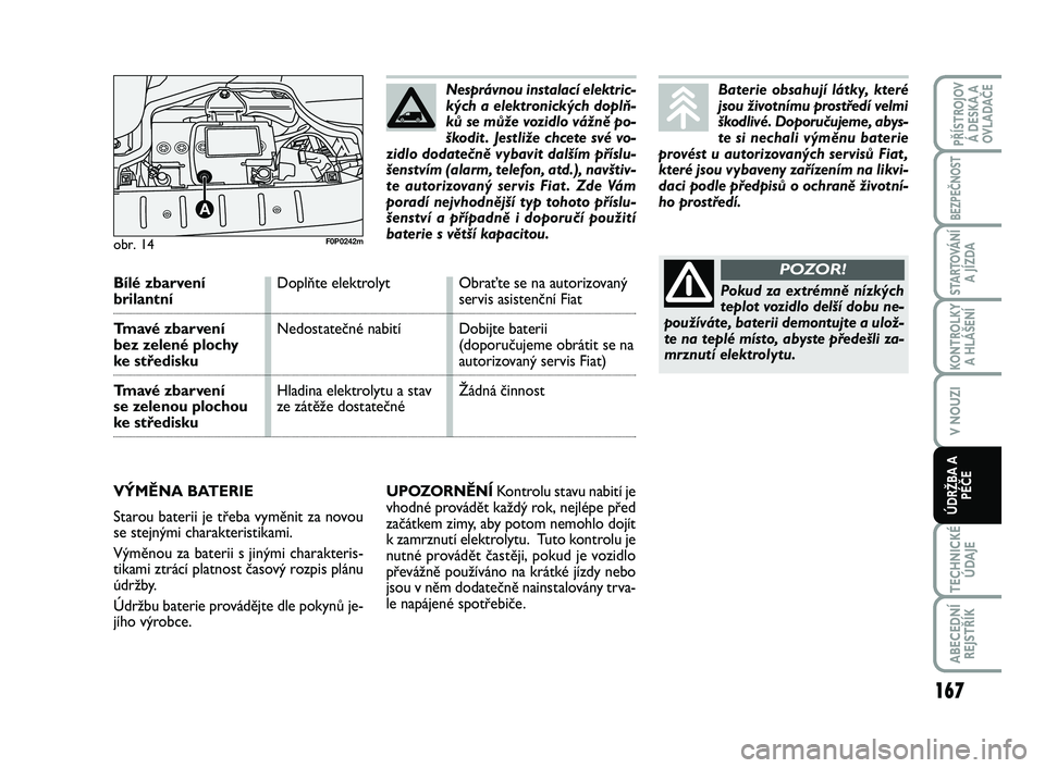 FIAT SCUDO 2013 Návod k použití a údržbě (in Czech) UPOZORNĚNÍKontrolu stavu nabití je
vhodné provádět každý rok, nejlépe před
začátkem zimy, aby potom nemohlo dojít
k zamrznutí elektrolytu. Tuto kontrolu je
nutné provádět častěji, FIAT SCUDO 2013 Návod k použití a údržbě (in Czech) UPOZORNĚNÍKontrolu stavu nabití je
vhodné provádět každý rok, nejlépe před
začátkem zimy, aby potom nemohlo dojít
k zamrznutí elektrolytu. Tuto kontrolu je
nutné provádět častěji,