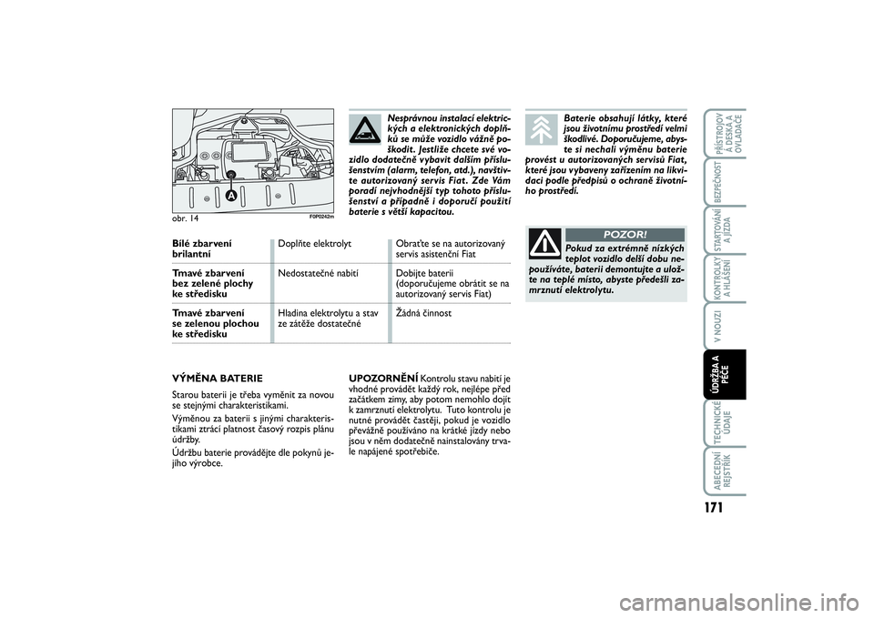 FIAT SCUDO 2014 Návod k použití a údržbě (in Czech) UPOZORNĚNÍKontrolu stavu nabití je
vhodné provádět každý rok, nejlépe před
začátkem zimy, aby potom nemohlo dojít
k zamrznutí elektrolytu. Tuto kontrolu je
nutné provádět častěji, FIAT SCUDO 2014 Návod k použití a údržbě (in Czech) UPOZORNĚNÍKontrolu stavu nabití je
vhodné provádět každý rok, nejlépe před
začátkem zimy, aby potom nemohlo dojít
k zamrznutí elektrolytu. Tuto kontrolu je
nutné provádět častěji,