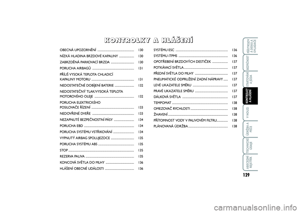 FIAT SCUDO 2016  Návod k použití a údržbě (in Czech) OBECNÁ UPOZORNĚNÍ ................................................. 130
NÍZKÁ HLADINA BRZDOVÉ KAPALINY .................... 130
ZABRZDĚNÁ PARKOVACÍ BRZDA ............................... 130
P