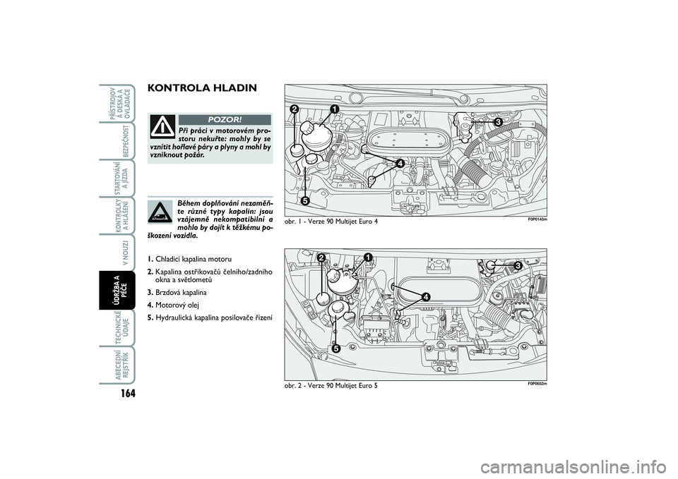 FIAT SCUDO 2016  Návod k použití a údržbě (in Czech) KONTROLA HLADIN
obr. 1 - Verze 90 Multijet Euro 4
Při práci v motorovém pro-
storu nekuřte: mohly by se
vznítit hořlavé páry a plyny a mohl by
vzniknout požár. 
POZOR!
Během doplňování n
