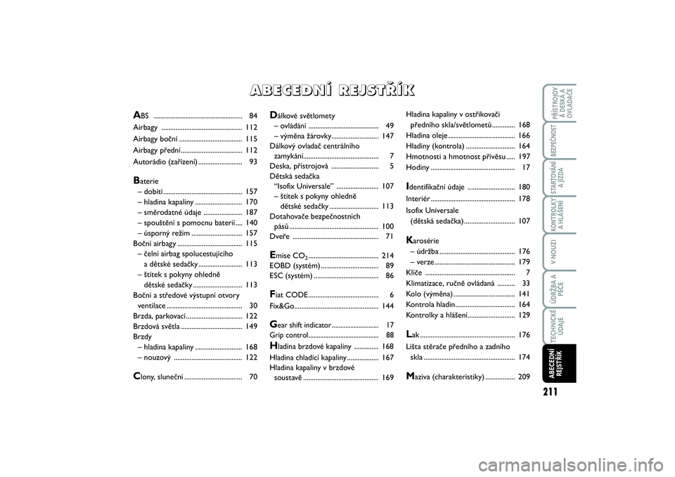FIAT SCUDO 2016  Návod k použití a údržbě (in Czech) 211
KONTROLKY
A HLÁŠENÍPŘÍSTROJOV
Á DESKA A
OVLADAČEBEZPEČNOSTSTARTOVÁNÍ
A JÍZDAV NOUZIÚDRŽBA A
PÉČETECHNICKÉ
ÚDAJEABECEDNÍ
REJSTŘÍK
Dálkové světlomety
– ovládání .........