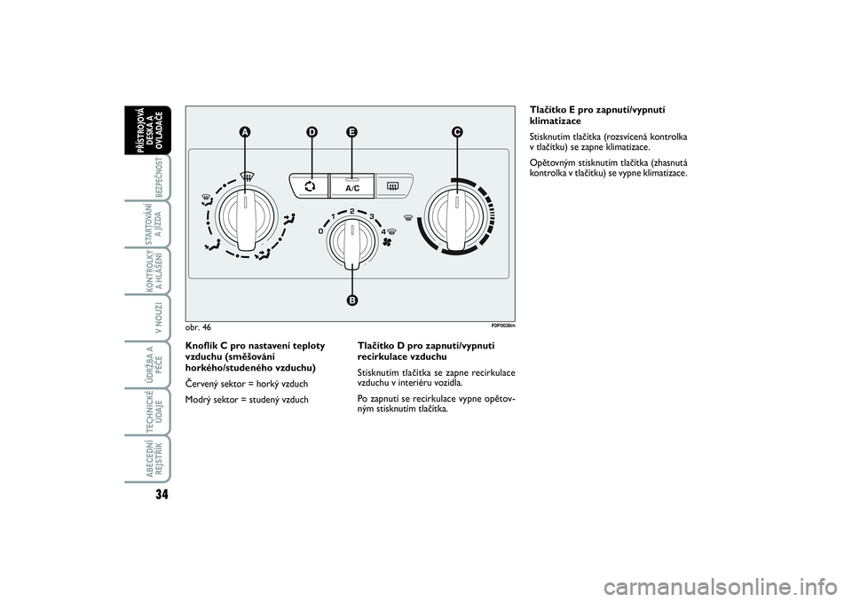 FIAT SCUDO 2016  Návod k použití a údržbě (in Czech) 34BEZPEČNOST
STARTOVÁNÍ
A JÍZDAKONTROLKY
A HLÁŠENÍV NOUZIÚDRŽBA A
PÉČETECHNICKÉ
ÚDAJEABECEDNÍ
REJSTŘÍKPŘÍSTROJOVÁ
DESKA A
OVLADAČE
Knoflík C pro nastavení teploty
vzduchu (směš