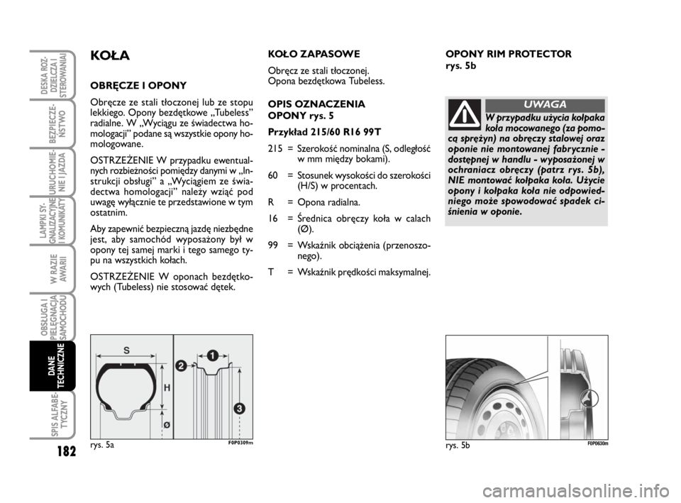 FIAT SCUDO 2010  Instrukcja obsługi (in Polish) OPONY RIM PROTECTOR 
rys. 5bKOŁA
OBRĘCZE I OPONY
Obręcze ze stali tłoczonej lub ze stopu
lekkiego. Opony bezdętkowe „Tubeless”
radialne. W „Wyciągu ze świadectwa ho-
mologacji” podane s