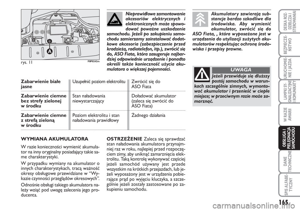 FIAT SCUDO 2011 Instrukcja obsługi (in Polish) OSTRZEŻENIEZaleca się sprawdzać
stan naładowania akumulatora przynajm-
niej raz w roku, najlepiej przed rozpoczę-
ciem zimy, aby uniknąć zamarznięcia elek-
trolitu. Taką kontrolę wykonywać FIAT SCUDO 2011 Instrukcja obsługi (in Polish) OSTRZEŻENIEZaleca się sprawdzać
stan naładowania akumulatora przynajm-
niej raz w roku, najlepiej przed rozpoczę-
ciem zimy, aby uniknąć zamarznięcia elek-
trolitu. Taką kontrolę wykonywać