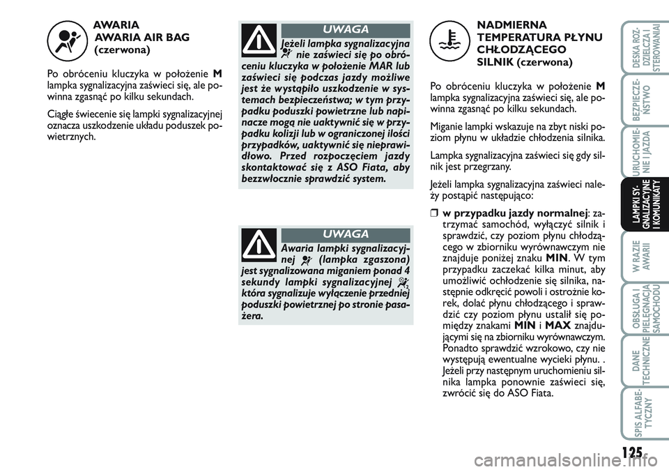 FIAT SCUDO 2012  Instrukcja obsługi (in Polish) 125
BEZPIECZE-
ŃSTWO
URUCHOMIE-
NIE I JAZDA
W RAZIE
AWA R I I
OBSŁUGA I
PIELĘGNACJA
SAMOCHODU
DANE
TECHNICZNE
SPIS ALFABE-
TYCZNY
DESKA ROZ-
DZIELCZA I
STEROWANIAI
LAMPKI SY-
GNALIZACYJNE
I KOMUNIK
