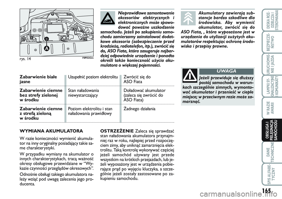 FIAT SCUDO 2012 Instrukcja obsługi (in Polish) OSTRZEŻENIEZaleca się sprawdzać
stan naładowania akumulatora przynajm-
niej raz w roku, najlepiej przed rozpoczę-
ciem zimy, aby uniknąć zamarznięcia elek-
trolitu. Taką kontrolę wykonywać FIAT SCUDO 2012 Instrukcja obsługi (in Polish) OSTRZEŻENIEZaleca się sprawdzać
stan naładowania akumulatora przynajm-
niej raz w roku, najlepiej przed rozpoczę-
ciem zimy, aby uniknąć zamarznięcia elek-
trolitu. Taką kontrolę wykonywać