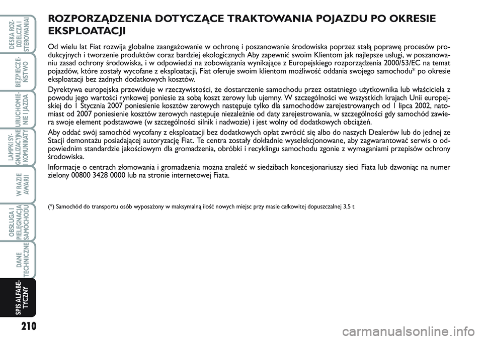 FIAT SCUDO 2012  Instrukcja obsługi (in Polish) 210
LAMPKI SY-
GNALIZACYJNE
I KOMUNIKATY
DESKA ROZ-
DZIELCZA I
STEROWANIAI
BEZPIECZE-
ŃSTWO
URUCHOMIE-
NIE I JAZDA
W RAZIE
AWA R I I
OBSŁUGA I
PIELĘGNACJA
SAMOCHODU
DANE
TECHNICZNE
SPIS ALFABE-
TYC