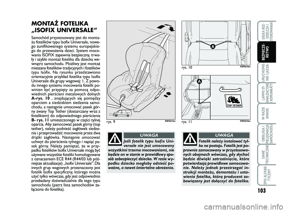 FIAT SCUDO 2013  Instrukcja obsługi (in Polish) 103
URUCHOMIE-
NIE I JAZDA
LAMPKI SY-
GNALIZACYJNE
I KOMUNIKATY
W RAZIE
AWA R I I
OBSŁUGA I
PIELĘGNACJA
SAMOCHODU
DANE
TECHNICZNE
SPIS ALFABE-
TYCZNY
DESKA ROZ-
DZIELCZA I
STEROWANIAI
BEZPIECZE-
ŃS