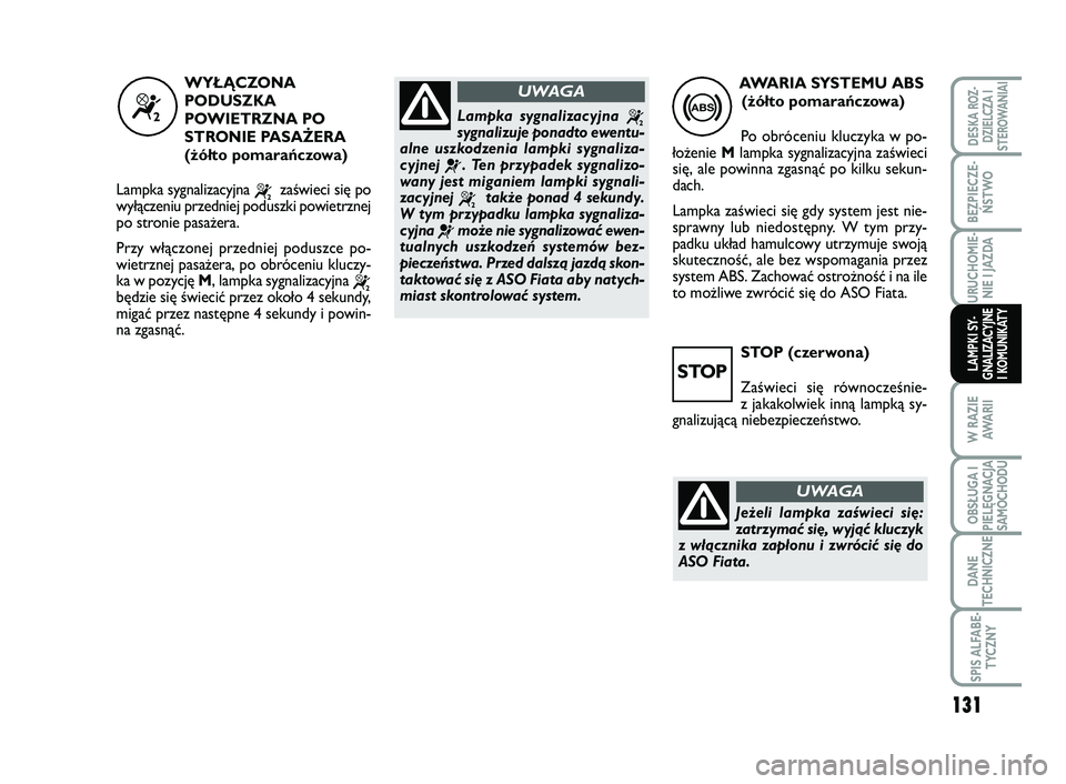 FIAT SCUDO 2013 Instrukcja obsługi (in Polish) 131
BEZPIECZE-
ŃSTWO
URUCHOMIE-
NIE I JAZDA
W RAZIE
AWA R I I
OBSŁUGA I
PIELĘGNACJA
SAMOCHODU
DANE
TECHNICZNE
SPIS ALFABE-
TYCZNY
DESKA ROZ-
DZIELCZA I
STEROWANIAI
LAMPKI SY-
GNALIZACYJNE
I KOMUNIK FIAT SCUDO 2013 Instrukcja obsługi (in Polish) 131
BEZPIECZE-
ŃSTWO
URUCHOMIE-
NIE I JAZDA
W RAZIE
AWA R I I
OBSŁUGA I
PIELĘGNACJA
SAMOCHODU
DANE
TECHNICZNE
SPIS ALFABE-
TYCZNY
DESKA ROZ-
DZIELCZA I
STEROWANIAI
LAMPKI SY-
GNALIZACYJNE
I KOMUNIK