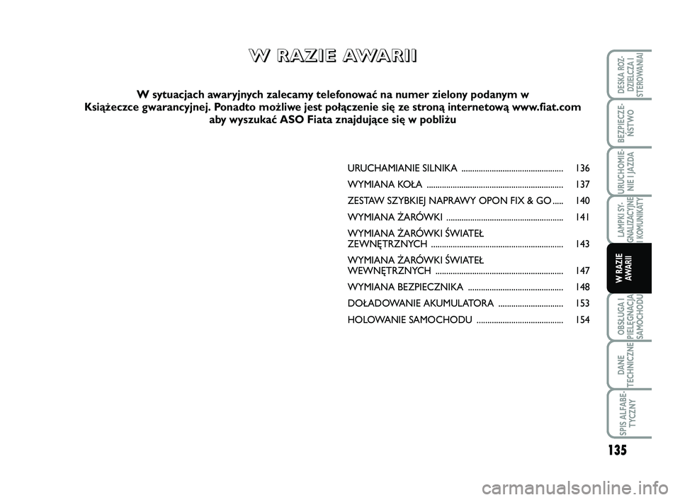 FIAT SCUDO 2013 Instrukcja obsługi (in Polish) URUCHAMIANIE SILNIKA ............................................... 136
WYMIANA KOŁA ............................................................... 137
ZESTAW SZYBKIEJ NAPRAWY OPON FIX & GO ..... 1 FIAT SCUDO 2013 Instrukcja obsługi (in Polish) URUCHAMIANIE SILNIKA ............................................... 136
WYMIANA KOŁA ............................................................... 137
ZESTAW SZYBKIEJ NAPRAWY OPON FIX & GO ..... 1