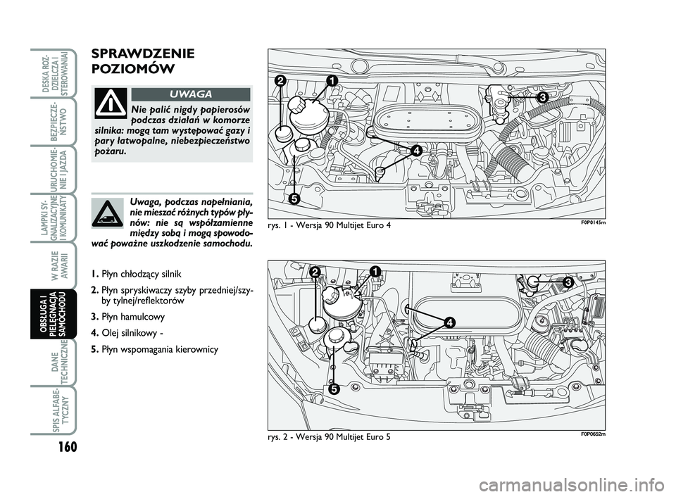 FIAT SCUDO 2013 Instrukcja obsługi (in Polish) SPRAWDZENIE
POZIOMÓW
rys. 1 - Wersja 90 Multijet Euro 4
Nie palić nigdy papierosów
podczas działań w komorze
silnika: mogą tam występować gazy i
pary łatwopalne, niebezpieczeństwo
pożaru.
U FIAT SCUDO 2013 Instrukcja obsługi (in Polish) SPRAWDZENIE
POZIOMÓW
rys. 1 - Wersja 90 Multijet Euro 4
Nie palić nigdy papierosów
podczas działań w komorze
silnika: mogą tam występować gazy i
pary łatwopalne, niebezpieczeństwo
pożaru.
U
