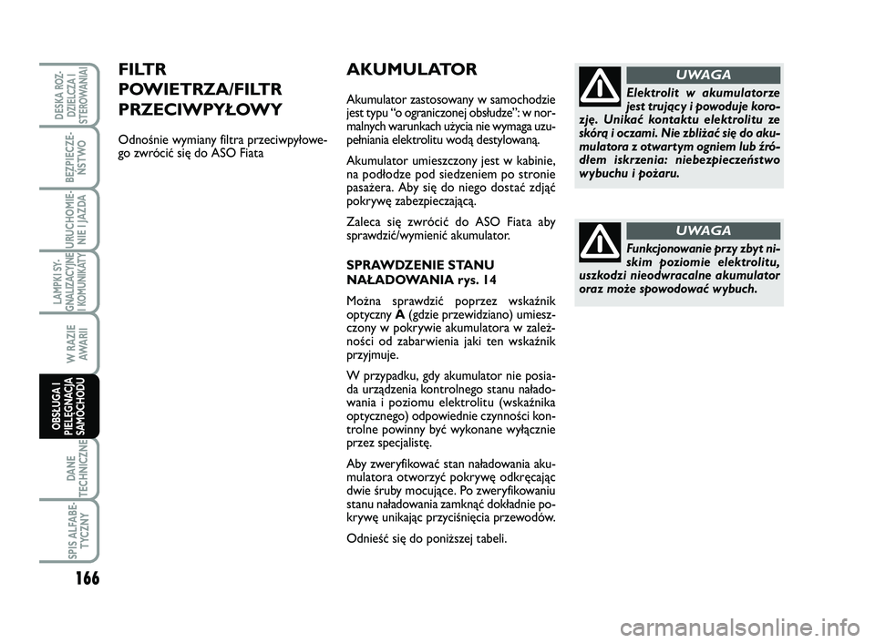 FIAT SCUDO 2013 Instrukcja obsługi (in Polish) AKUMULATOR
Akumulator zastosowany w samochodzie
jest typu “o ograniczonej obsłudze”: w nor-
malnych warunkach użycia nie wymaga uzu-
pełniania elektrolitu wodą destylowaną.
Akumulator umieszc FIAT SCUDO 2013 Instrukcja obsługi (in Polish) AKUMULATOR
Akumulator zastosowany w samochodzie
jest typu “o ograniczonej obsłudze”: w nor-
malnych warunkach użycia nie wymaga uzu-
pełniania elektrolitu wodą destylowaną.
Akumulator umieszc