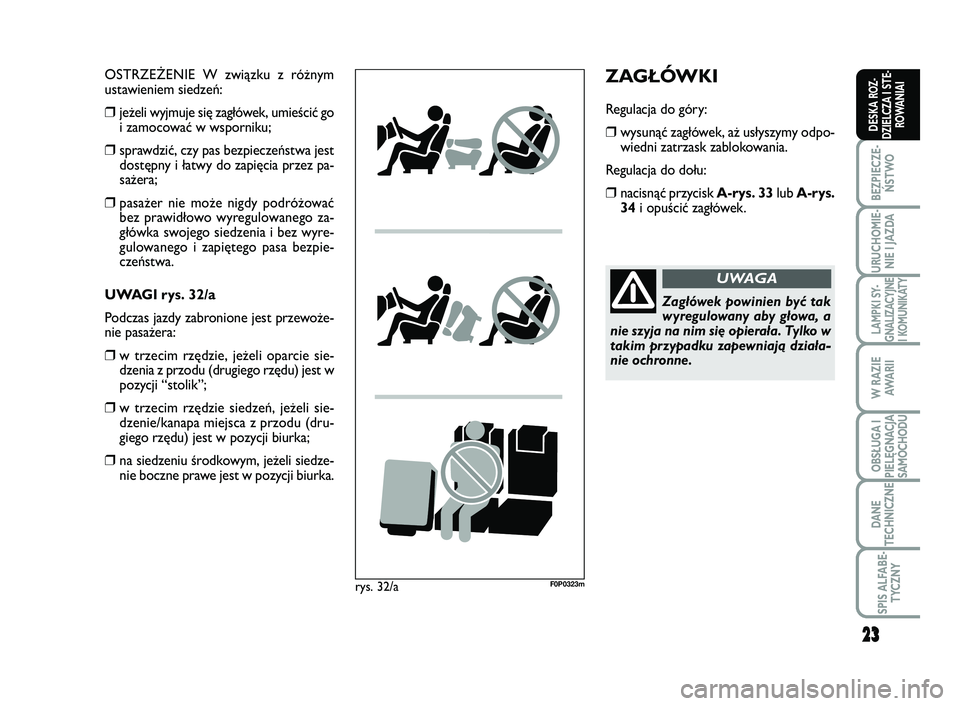 FIAT SCUDO 2013  Instrukcja obsługi (in Polish) 23
BEZPIECZE-
ŃSTWO
URUCHOMIE-
NIE I JAZDA
LAMPKI SY-
GNALIZACYJNE
I KOMUNIKATY
W RAZIE
AWA R I I
OBSŁUGA I
PIELĘGNACJA
SAMOCHODU
DANE
TECHNICZNE
SPIS ALFABE-
TYCZNY
DESKA ROZ-
DZIELCZA I STE-
ROWA