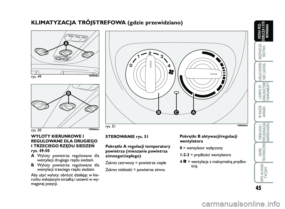 FIAT SCUDO 2013  Instrukcja obsługi (in Polish) 45
BEZPIECZE- ŃSTWO
URUCHOMIE- NIE I JAZDA
LAMPKI SY- GNALIZACYJNEI KOMUNIKATY
W RAZIE AWA R I I
OBSŁUGA I PIELĘGNACJASAMOCHODU
DANE 
TECHNICZNE
SPIS ALFABE- TYCZNY
DESKA ROZ-DZIELCZA I STE-ROWANIA