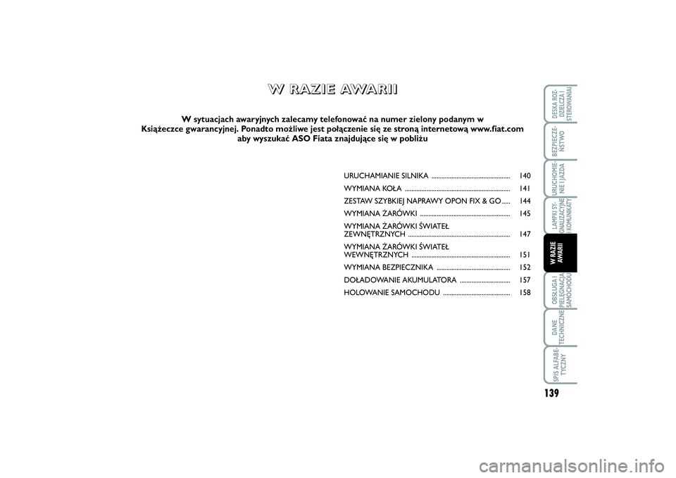 FIAT SCUDO 2014 Instrukcja obsługi (in Polish) URUCHAMIANIE SILNIKA ............................................... 140
WYMIANA KOŁA ............................................................... 141
ZESTAW SZYBKIEJ NAPRAWY OPON FIX & GO ..... 1 FIAT SCUDO 2014 Instrukcja obsługi (in Polish) URUCHAMIANIE SILNIKA ............................................... 140
WYMIANA KOŁA ............................................................... 141
ZESTAW SZYBKIEJ NAPRAWY OPON FIX & GO ..... 1