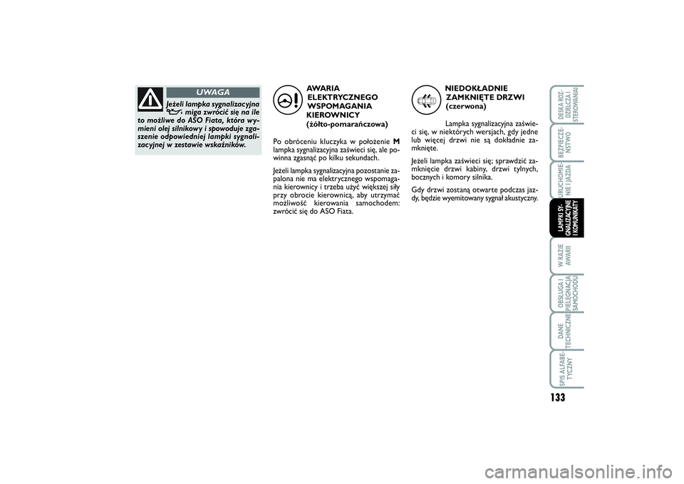 FIAT SCUDO 2015  Instrukcja obsługi (in Polish) 133
BEZPIECZE-
ŃSTWOURUCHOMIE-
NIE I JAZDAW RAZIE
AWA R I IOBSŁUGA I
PIELĘGNACJA
SAMOCHODUDANE
TECHNICZNESPIS ALFABE-
TYCZNYDESKA ROZ-
DZIELCZA I
STEROWANIAILAMPKI SY-
GNALIZACYJNE
I KOMUNIKATY
AWA
