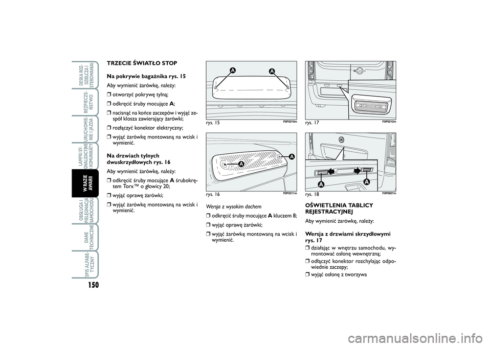 FIAT SCUDO 2015  Instrukcja obsługi (in Polish) Wersja z wysokim dachem❒
odkręcić śruby mocujące Akluczem 8;
❒
wyjąć oprawę żarówki;
❒
wyjąć żarówkę montowaną na wcisk i
wymienić.OŚWIETLENIA TABLICY
REJESTRACYJNEJ
Aby wymieni