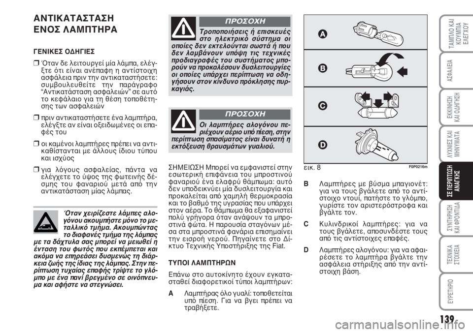 FIAT SCUDO 2011 ΒΙΒΛΙΟ ΧΡΗΣΗΣ ΚΑΙ ΣΥΝΤΗΡΗΣΗΣ (in Greek) 139
ΛΥΧΝΙΕΣ ΚΑΙ
ΜΗΝΥΜΑΤΑ
ΣΥΝΤΗΡΗΣΗ
ΚΑΙ ΦΡΟΝΤΙΔΑ
ΤΕΧΝΙΚΑ
ΣΤΟΙΧΕΙΑ
EYPETHPIO
ΤΑΜΠΛΟ ΚΑΙ
ΚΟΥΜΠΙΑ
ΕΛΕΓΧΟΥ
ΑΣΦΑΛΕΙΑ
ΕΚ FIAT SCUDO 2011 ΒΙΒΛΙΟ ΧΡΗΣΗΣ ΚΑΙ ΣΥΝΤΗΡΗΣΗΣ (in Greek) 139
ΛΥΧΝΙΕΣ ΚΑΙ
ΜΗΝΥΜΑΤΑ
ΣΥΝΤΗΡΗΣΗ
ΚΑΙ ΦΡΟΝΤΙΔΑ
ΤΕΧΝΙΚΑ
ΣΤΟΙΧΕΙΑ
EYPETHPIO
ΤΑΜΠΛΟ ΚΑΙ
ΚΟΥΜΠΙΑ
ΕΛΕΓΧΟΥ
ΑΣΦΑΛΕΙΑ
ΕΚ