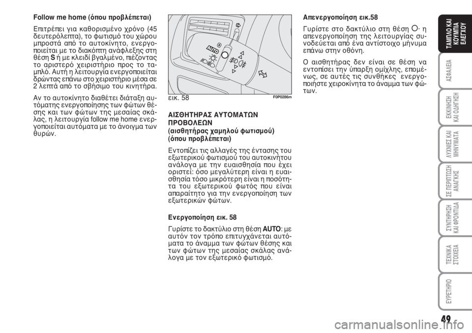 FIAT SCUDO 2011  ΒΙΒΛΙΟ ΧΡΗΣΗΣ ΚΑΙ ΣΥΝΤΗΡΗΣΗΣ (in Greek) 49
ΑΣΦΑΛΕΙΑ
ΕΚΚΙΝΗΣΗ 
ΚΑΙ ΟΔΗΓΗΣΗ
ΛΥΧΝΙΕΣ ΚΑΙ
ΜΗΝΥΜΑΤΑ
ΣΕ ΠΕΡΙΠΤΩΣΗ
ΑΝΑΓΚΗΣ
ΣΥΝΤΗΡΗΣΗ 
ΚΑΙ ΦΡΟΝΤΙΔΑ
ΤΕΧΝΙΚΑ
Σ�