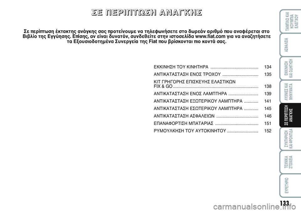 FIAT SCUDO 2012 ΒΙΒΛΙΟ ΧΡΗΣΗΣ ΚΑΙ ΣΥΝΤΗΡΗΣΗΣ (in Greek) 133
ΛΥΧΝΙΕΣ ΚΑΙ
ΜΗΝΥΜΑΤΑ
ΣΥΝΤΗΡΗΣΗ
ΚΑΙ ΦΡΟΝΤΙΔΑ
ΤΕΧΝΙΚΑ
ΣΤΟΙΧΕΙΑ
EYPETHPIO
ΤΑΜΠΛΟ ΚΑΙ
ΚΟΥΜΠΙΑ
ΕΛΕΓΧΟΥ
ΑΣΦΑΛΕΙΑ
ΕΚ FIAT SCUDO 2012 ΒΙΒΛΙΟ ΧΡΗΣΗΣ ΚΑΙ ΣΥΝΤΗΡΗΣΗΣ (in Greek) 133
ΛΥΧΝΙΕΣ ΚΑΙ
ΜΗΝΥΜΑΤΑ
ΣΥΝΤΗΡΗΣΗ
ΚΑΙ ΦΡΟΝΤΙΔΑ
ΤΕΧΝΙΚΑ
ΣΤΟΙΧΕΙΑ
EYPETHPIO
ΤΑΜΠΛΟ ΚΑΙ
ΚΟΥΜΠΙΑ
ΕΛΕΓΧΟΥ
ΑΣΦΑΛΕΙΑ
ΕΚ