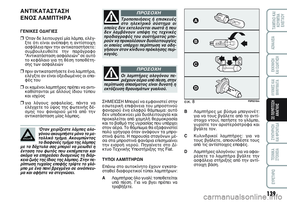 FIAT SCUDO 2012  ΒΙΒΛΙΟ ΧΡΗΣΗΣ ΚΑΙ ΣΥΝΤΗΡΗΣΗΣ (in Greek) 139
ΛΥΧΝΙΕΣ ΚΑΙ
ΜΗΝΥΜΑΤΑ
ΣΥΝΤΗΡΗΣΗ 
ΚΑΙ ΦΡΟΝΤΙΔΑ
ΤΕΧΝΙΚΑ
ΣΤΟΙΧΕΙΑ
EYPETHPIO
ΤΑΜΠΛΟ ΚΑΙ
ΚΟΥΜΠΙΑ
ΕΛΕΓΧΟΥ
ΑΣΦΑΛΕΙΑ
ΕΚ