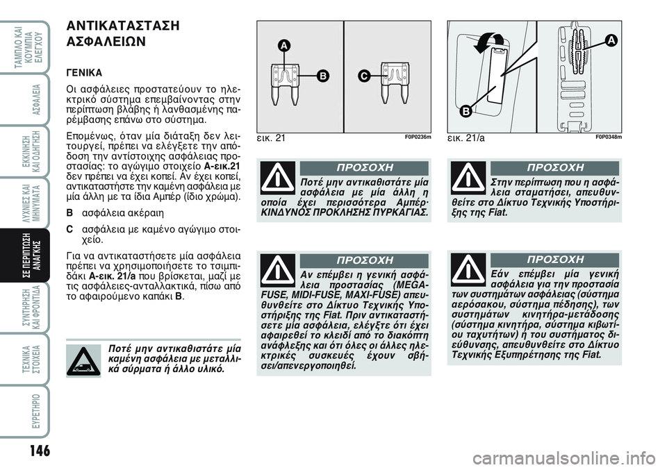 FIAT SCUDO 2012  ΒΙΒΛΙΟ ΧΡΗΣΗΣ ΚΑΙ ΣΥΝΤΗΡΗΣΗΣ (in Greek) 146
ΛΥΧΝΙΕΣ ΚΑΙ
ΜΗΝΥΜΑΤΑ
ΣΥΝΤΗΡΗΣΗ 
ΚΑΙ ΦΡΟΝΤΙΔΑ
ΤΕΧΝΙΚΑ
ΣΤΟΙΧΕΙΑ
EYPETHPIO
ΤΑΜΠΛΟ ΚΑΙ
ΚΟΥΜΠΙΑ
ΕΛΕΓΧΟΥ
ΑΣΦΑΛΕΙΑ
ΕΚ