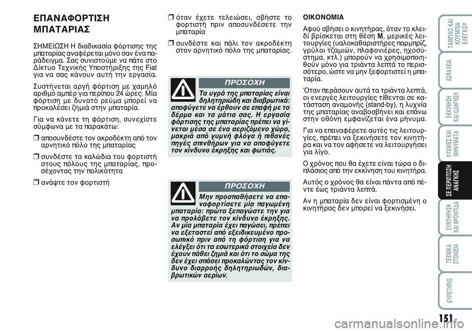 FIAT SCUDO 2012  ΒΙΒΛΙΟ ΧΡΗΣΗΣ ΚΑΙ ΣΥΝΤΗΡΗΣΗΣ (in Greek) 151
ΛΥΧΝΙΕΣ ΚΑΙ
ΜΗΝΥΜΑΤΑ
ΣΥΝΤΗΡΗΣΗ 
ΚΑΙ ΦΡΟΝΤΙΔΑ
ΤΕΧΝΙΚΑ
ΣΤΟΙΧΕΙΑ
EYPETHPIO
ΤΑΜΠΛΟ ΚΑΙ
ΚΟΥΜΠΙΑ
ΕΛΕΓΧΟΥ
ΑΣΦΑΛΕΙΑ
ΕΚ