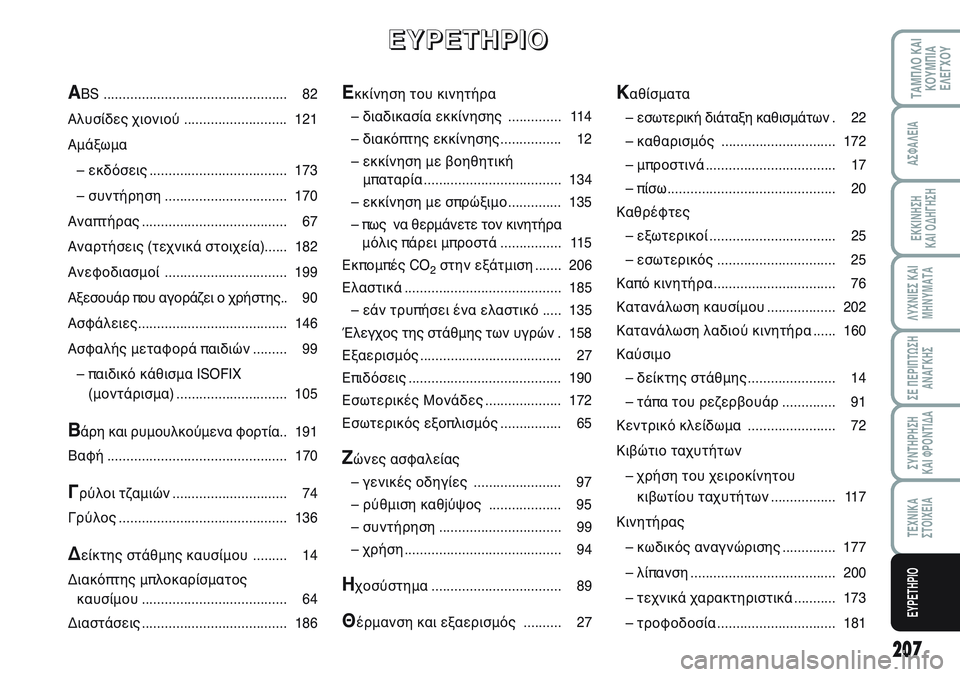 FIAT SCUDO 2012  ΒΙΒΛΙΟ ΧΡΗΣΗΣ ΚΑΙ ΣΥΝΤΗΡΗΣΗΣ (in Greek) 207
ΛΥΧΝΙΕΣ ΚΑΙ
ΜΗΝΥΜΑΤΑ
ΤΑΜΠΛΟ ΚΑΙ
ΚΟΥΜΠΙΑ
ΕΛΕΓΧΟΥ
ΑΣΦΑΛΕΙΑ
ΕΚΚΙΝΗΣΗ 
ΚΑΙ ΟΔΗΓΗΣΗ
ΣΕ ΠΕΡΙΠΤΩΣΗ
ΑΝΑΓΚΗΣ
ΣΥΝΤΗ�