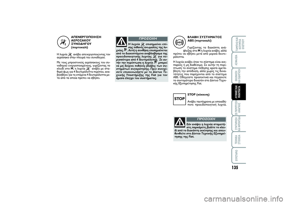 FIAT SCUDO 2014  ΒΙΒΛΙΟ ΧΡΗΣΗΣ ΚΑΙ ΣΥΝΤΗΡΗΣΗΣ (in Greek) STOP (κόκκινη)
Ανάβει ταυτόχρονα με οποιαδή-
ποτε προειδοποιητική λυχνία.
135
ΣΕ ΠΕΡΙΠΤΩΣΗ
ΑΝΑΓΚΗΣΣΥΝΤΗΡΗΣΗ 
ΚΑΙ 