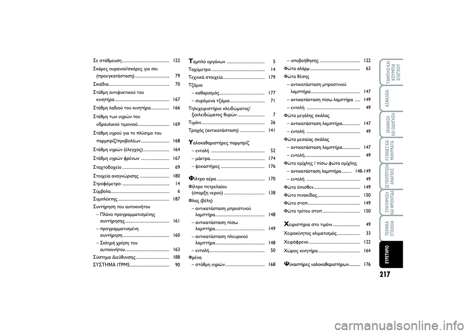 FIAT SCUDO 2014  ΒΙΒΛΙΟ ΧΡΗΣΗΣ ΚΑΙ ΣΥΝΤΗΡΗΣΗΣ (in Greek) 217
ΛΥΧΝΙΕΣ ΚΑΙ
ΜΗΝΥΜΑΤΑΤΑΜΠΛΟ ΚΑΙ
ΚΟΥΜΠΙΑ
ΕΛΕΓΧΟΥΑΣΦΑΛΕΙΑΕΚΚΙΝΗΣΗ 
ΚΑΙ ΟΔΗΓΗΣΗΣΕ ΠΕΡΙΠΤΩΣΗ
ΑΝΑΓΚΗΣΣΥΝΤΗΡΗΣ