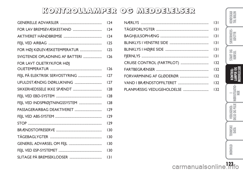 FIAT SCUDO 2011  Brugs- og vedligeholdelsesvejledning (in Danish) 123
I
NØDSITUATIO-
NER
VEDLIGEHOL-
DELSE OG PLEJE 
TEKNISKE
D ATA
INDHOLD
KENDSKAB
TIIL BIILEN
SIKKERHEDS-
UDSTYR
START OG
KØRSEL
KONTROL-
LAMPER OG
MEDDELELSER
GENERELLE ADVARSLER .................