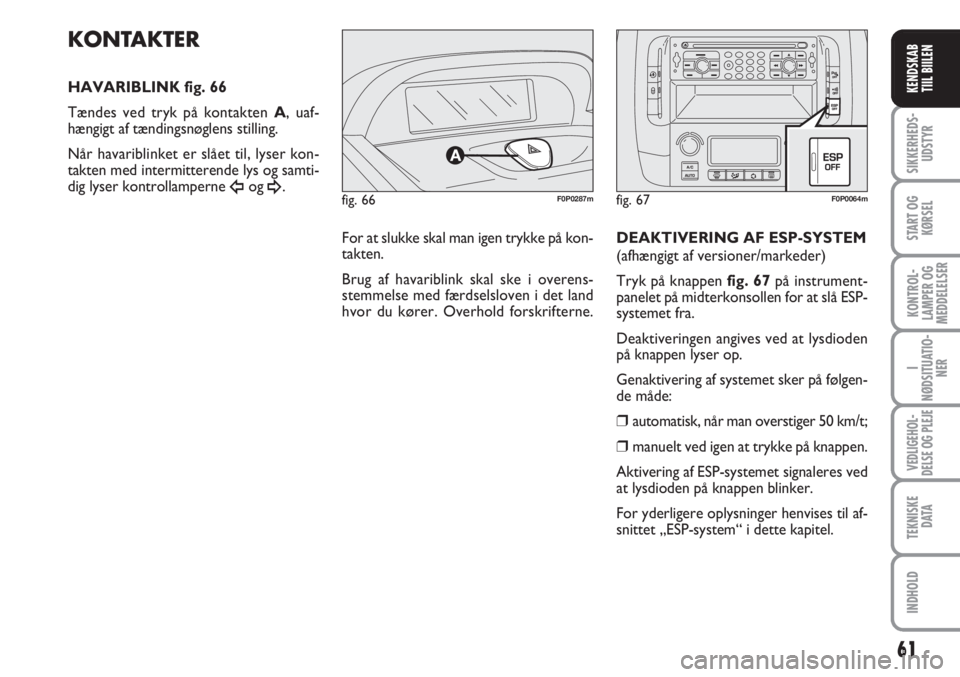 FIAT SCUDO 2011 Brugs- og vedligeholdelsesvejledning (in Danish) 61
I
NØDSITUATIO-
NER
VEDLIGEHOL-
DELSE OG PLEJE
TEKNISKE
D ATA
INDHOLD
SIKKERHEDS-
UDSTYR
START OG
KØRSEL
KONTROL-
LAMPER OG
MEDDELELSER
KENDSKAB
TIIL BIILEN
fig. 66F0P0287m
KONTAKTER
HAVARIBLINK FIAT SCUDO 2011 Brugs- og vedligeholdelsesvejledning (in Danish) 61
I
NØDSITUATIO-
NER
VEDLIGEHOL-
DELSE OG PLEJE
TEKNISKE
D ATA
INDHOLD
SIKKERHEDS-
UDSTYR
START OG
KØRSEL
KONTROL-
LAMPER OG
MEDDELELSER
KENDSKAB
TIIL BIILEN
fig. 66F0P0287m
KONTAKTER
HAVARIBLINK