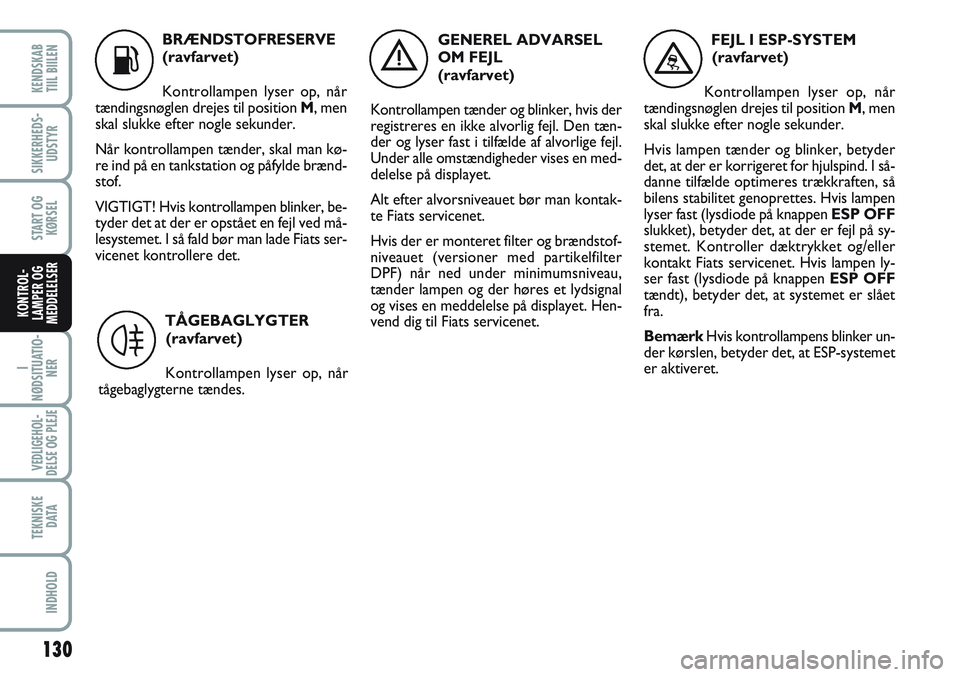 FIAT SCUDO 2012 Brugs- og vedligeholdelsesvejledning (in Danish) K
BRÆNDSTOFRESERVE
(ravfarvet)
Kontrollampen lyser op, når
tændingsnøglen drejes til position M, men
skal slukke efter nogle sekunder.
Når kontrollampen tænder, skal man kø-
re ind på en tank FIAT SCUDO 2012 Brugs- og vedligeholdelsesvejledning (in Danish) K
BRÆNDSTOFRESERVE
(ravfarvet)
Kontrollampen lyser op, når
tændingsnøglen drejes til position M, men
skal slukke efter nogle sekunder.
Når kontrollampen tænder, skal man kø-
re ind på en tank